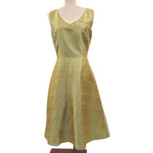 Lynn Lugo Vintage Green/Gold Sleeveless‎ Dress Party Cocktail Fit & Flare Midi